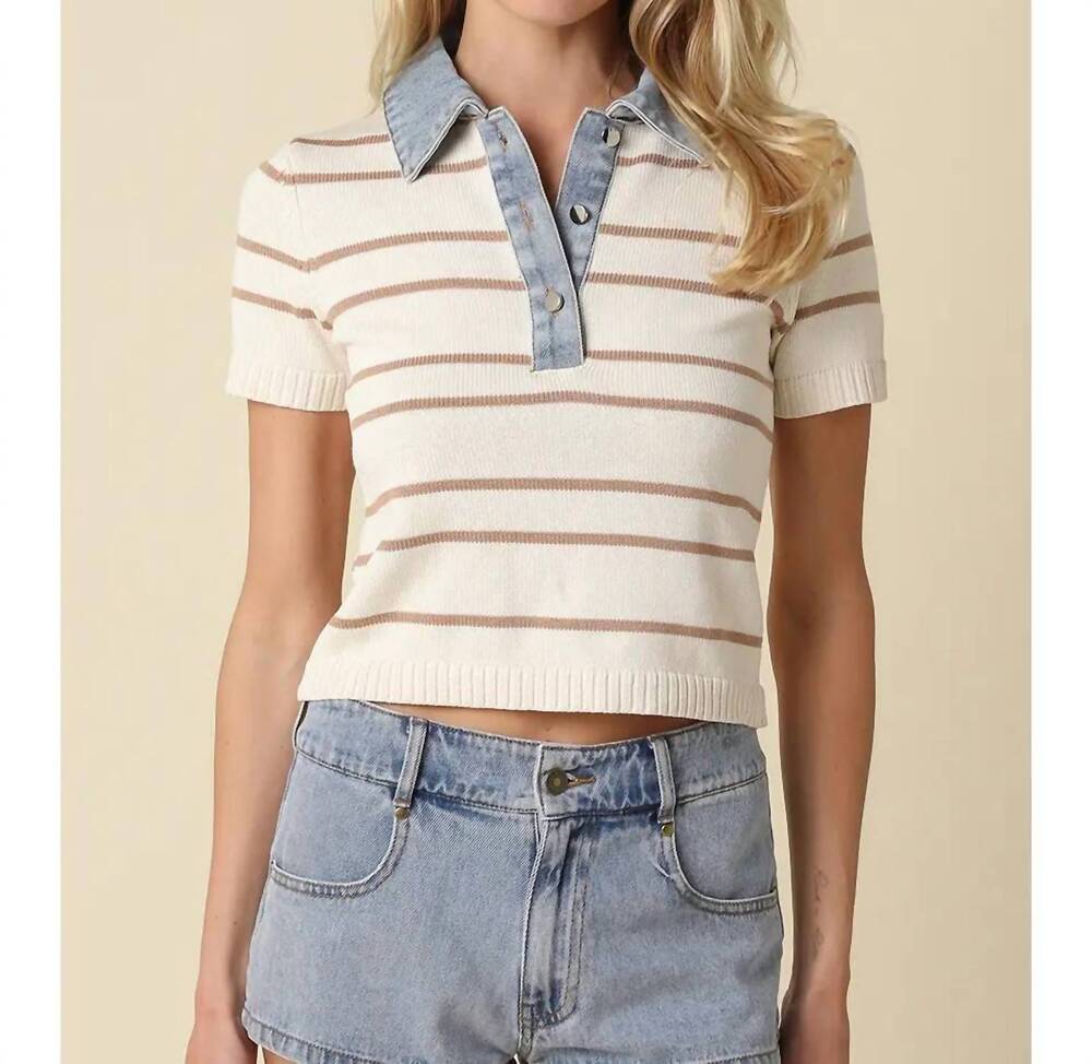 NEW OLIVACEOUS leni striped contrast denim collar top in natural/mocha